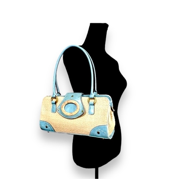 VINTAGE 70s Faux Straw and Aqua Satchel - Picture 4 of 14